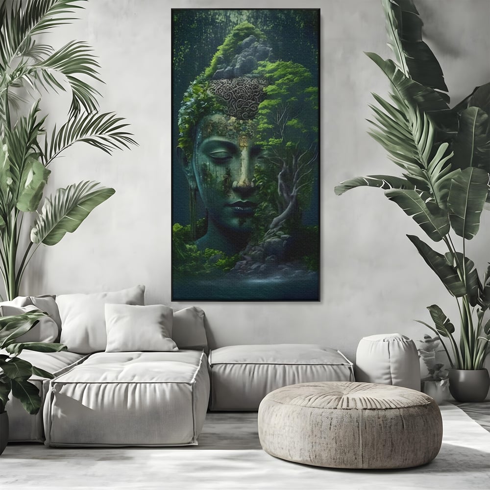 Tablou canvas cu tablou canvas cu cap de buddha imbracat in vegetatie, in rama de aluminiu negru, pe perete intr-un living