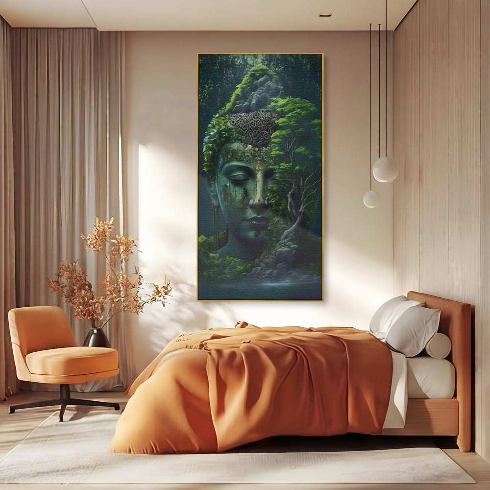 Tablou canvas cu tablou canvas cu cap de buddha imbracat in vegetatie, in rama de aluminiu auriu, pe perete intr-un dormitor
