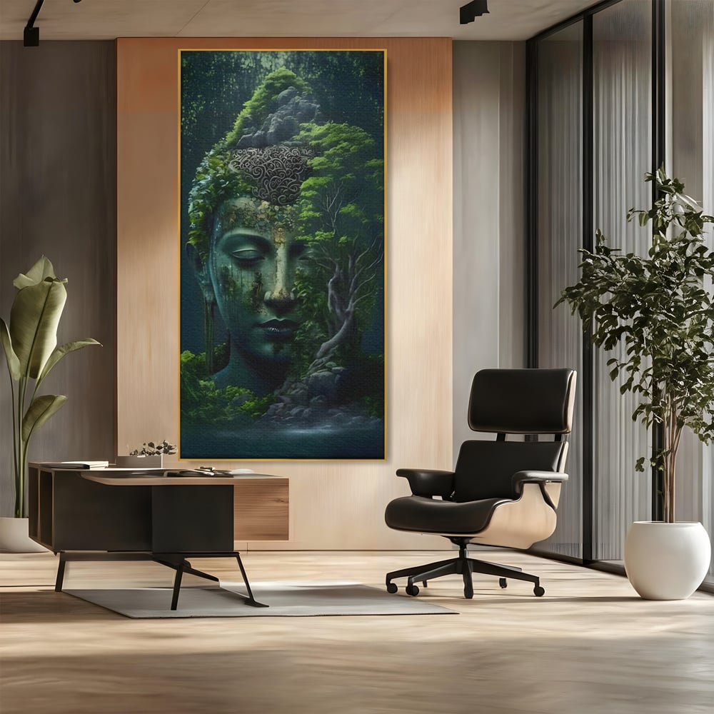Tablou canvas cu tablou canvas cu cap de buddha imbracat in vegetatie, in rama de aluminiu auriu, pe perete intr-un birou