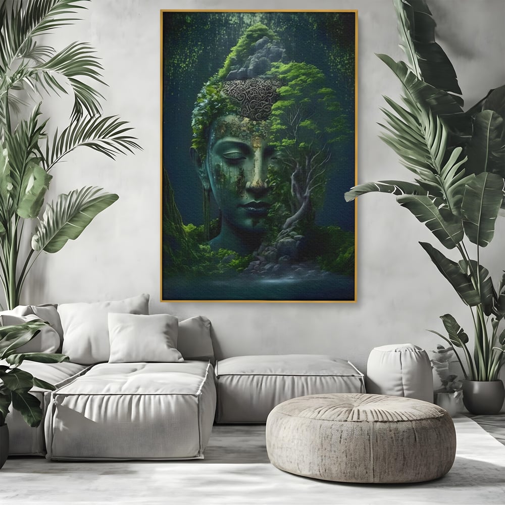Tablou canvas cu tablou canvas cu cap de buddha imbracat in vegetatie, in rama de aluminiu auriu, pe perete intr-un living