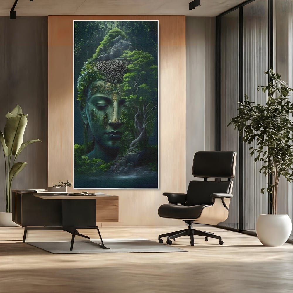 Tablou canvas cu tablou canvas cu cap de buddha imbracat in vegetatie, in rama de aluminiu argintiu, pe perete intr-un birou