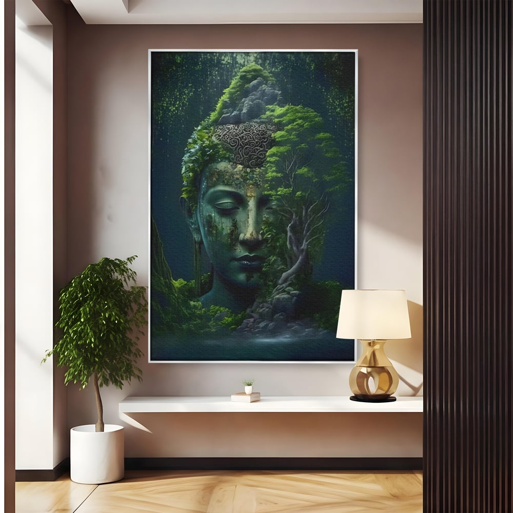 Tablou canvas cu tablou canvas cu cap de buddha imbracat in vegetatie, in rama de aluminiu argintiu