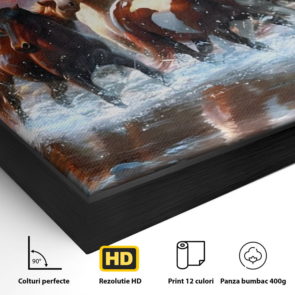 Detaliu al suprafetei: tablou canvas cu cai galopand prin apa, in rama de aluminiu negru