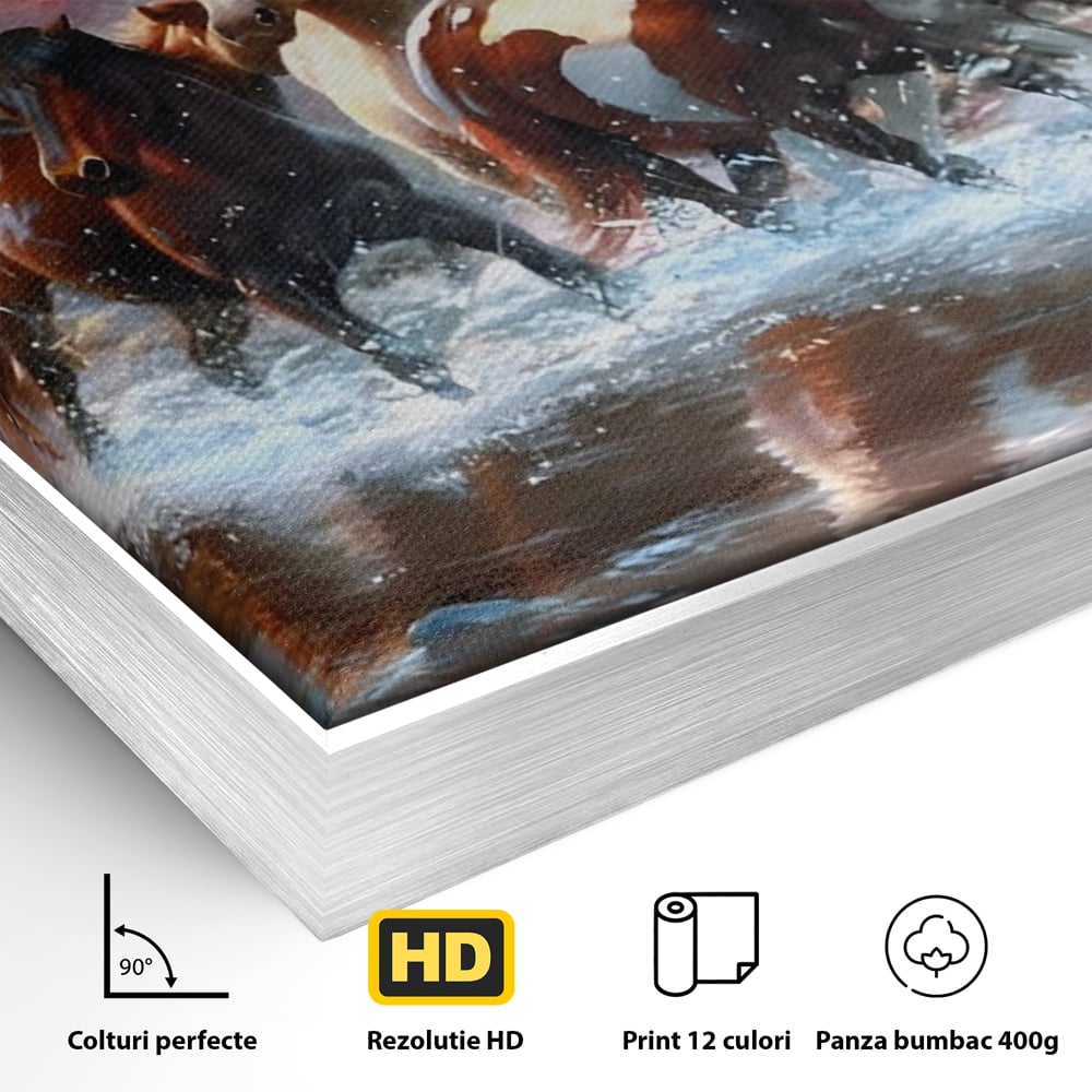 Detaliu al suprafetei: tablou canvas cu cai galopand prin apa, in rama de aluminiu argintiu