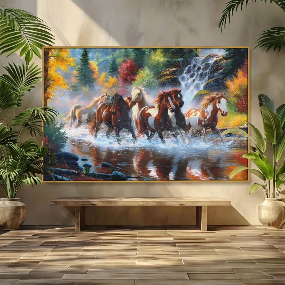 Tablou canvas cu tablou canvas cu cai galopand prin apa, in rama de aluminiu auriu