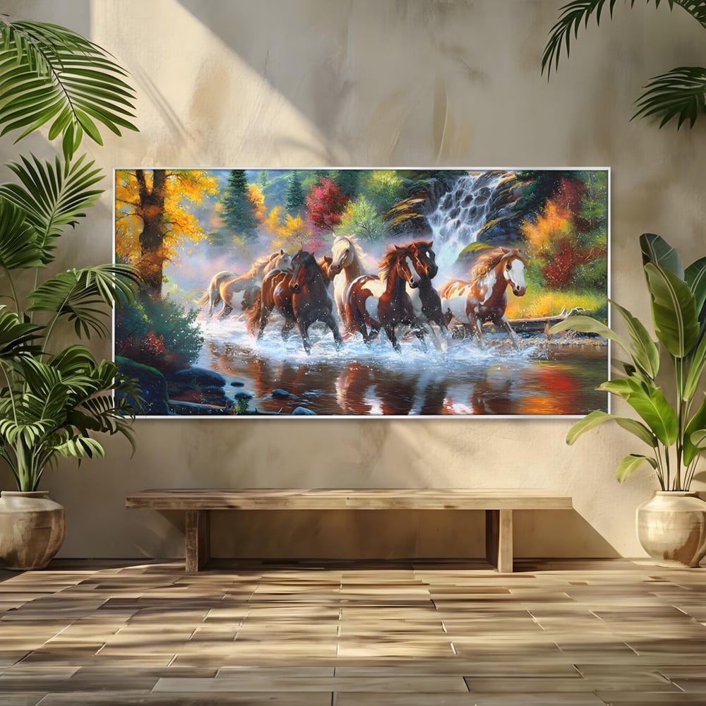 Tablou canvas cu tablou canvas cu cai galopand prin apa, in rama de aluminiu argintiu