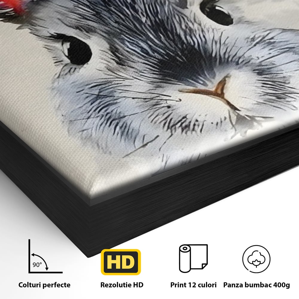 Detaliu al suprafetei: tablou canvas cu iepure gri, in rama de aluminiu negru