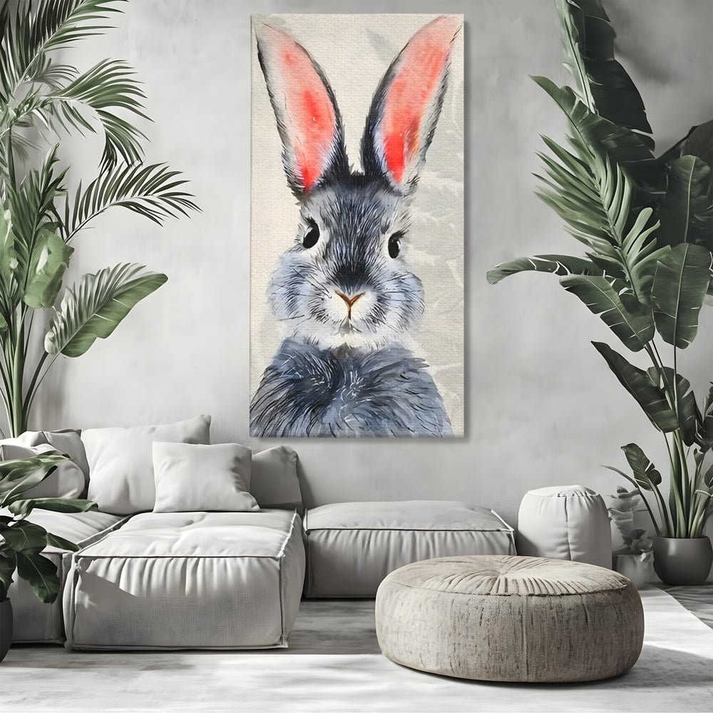 Tablou canvas cu tablou canvas cu iepure gri, fara rama, pe sasiu de lemn, pe perete intr-un living