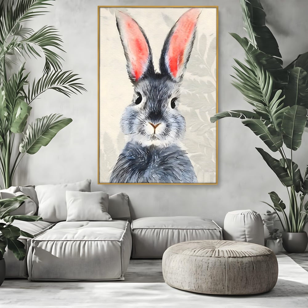 Tablou canvas cu tablou canvas cu iepure gri, in rama de aluminiu auriu, pe perete intr-un living