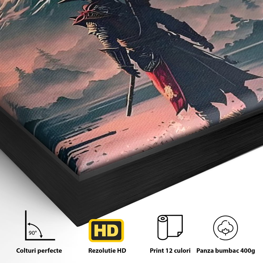 Detaliu al suprafetei: samurai cu sabie pe malul lacului, in rama de aluminiu negru
