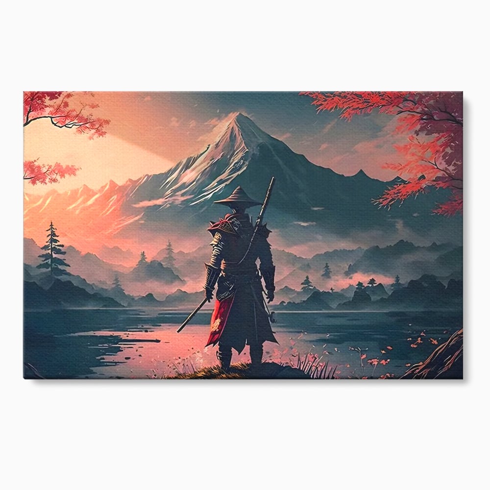 Tablou canvas cu samurai cu sabie pe malul lacului, fara rama, pe sasiu de lemn