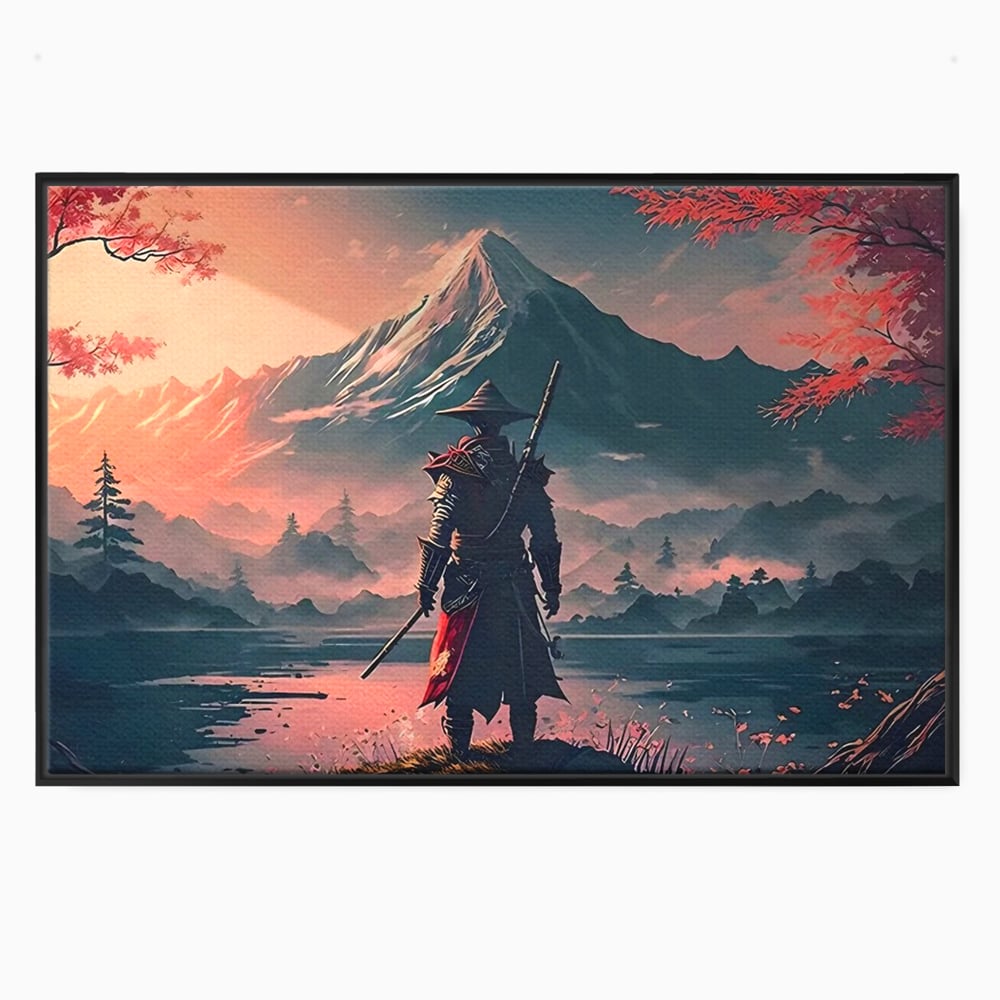 Tablou canvas cu samurai cu sabie pe malul lacului, in rama de aluminiu negru