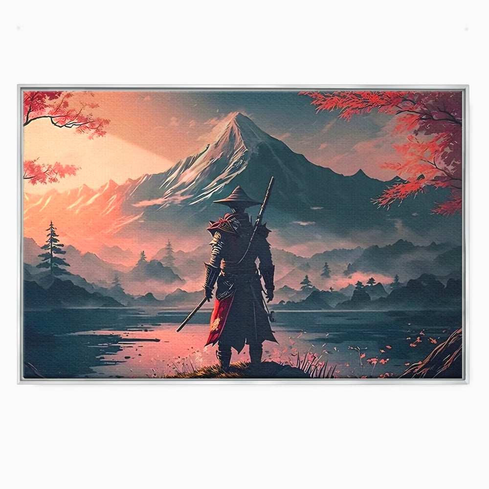Tablou canvas cu samurai cu sabie pe malul lacului, in rama de aluminiu argintiu