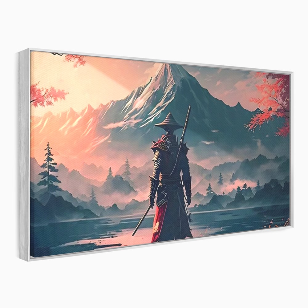 Tablou canvas cu samurai cu sabie pe malul lacului, in rama de aluminiu argintiu