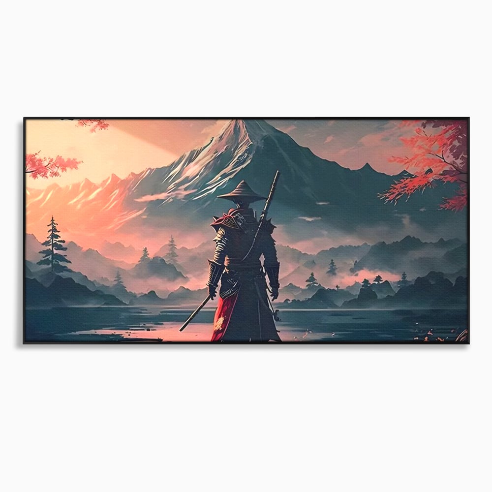 Tablou canvas cu samurai cu sabie pe malul lacului, in rama de aluminiu negru