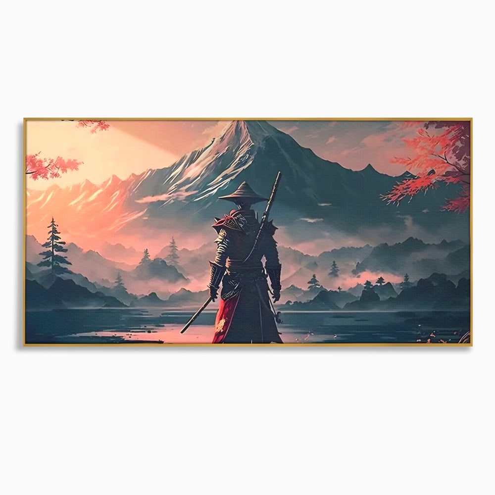 Tablou canvas cu samurai cu sabie pe malul lacului, in rama de aluminiu auriu