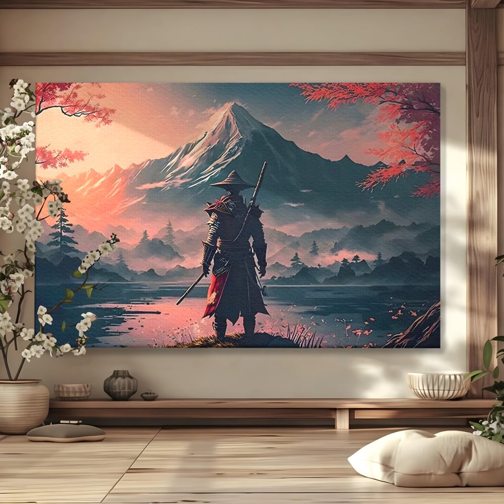 Tablou canvas cu samurai cu sabie pe malul lacului, fara rama, pe sasiu de lemn