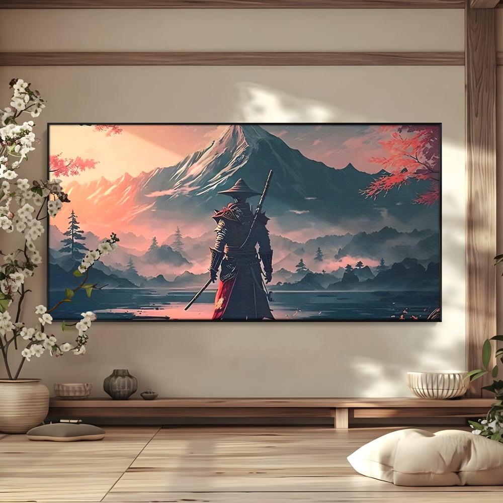 Tablou canvas cu samurai cu sabie pe malul lacului, in rama de aluminiu negru
