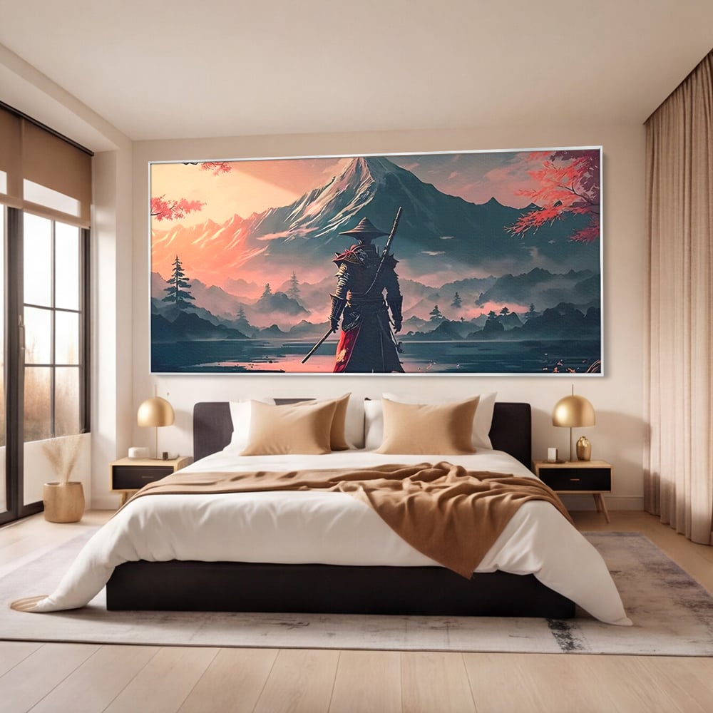 Tablou canvas cu samurai cu sabie pe malul lacului, in rama de aluminiu argintiu, pe perete intr-un dormitor