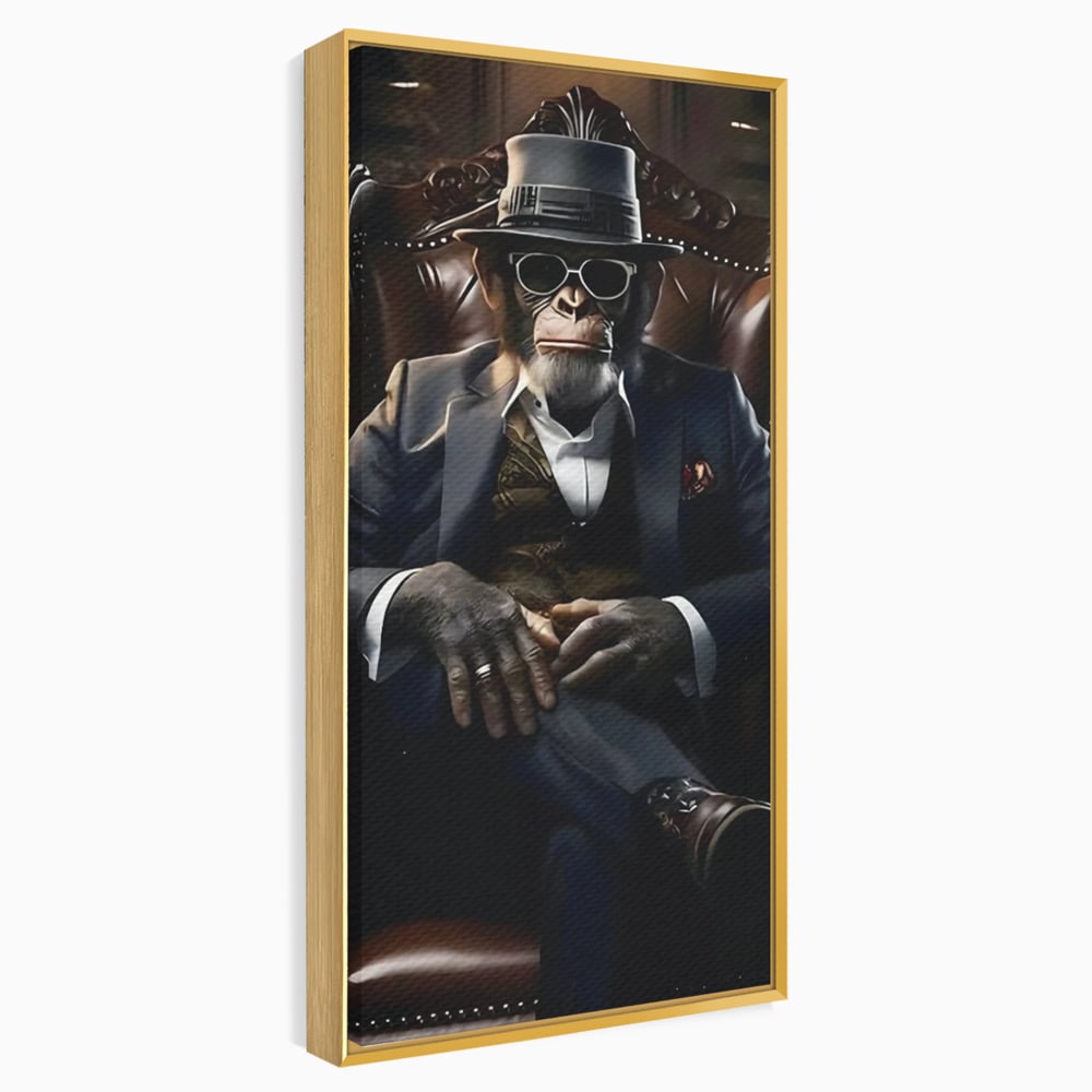 Tablou canvas cu tablou canvas cu cimpanzeu mafiot, in rama de aluminiu auriu