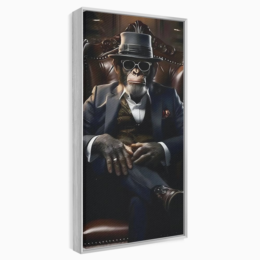 Tablou canvas cu tablou canvas cu cimpanzeu mafiot, in rama de aluminiu argintiu