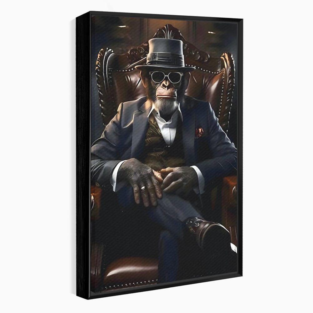 Tablou canvas cu tablou canvas cu cimpanzeu mafiot, in rama de aluminiu negru