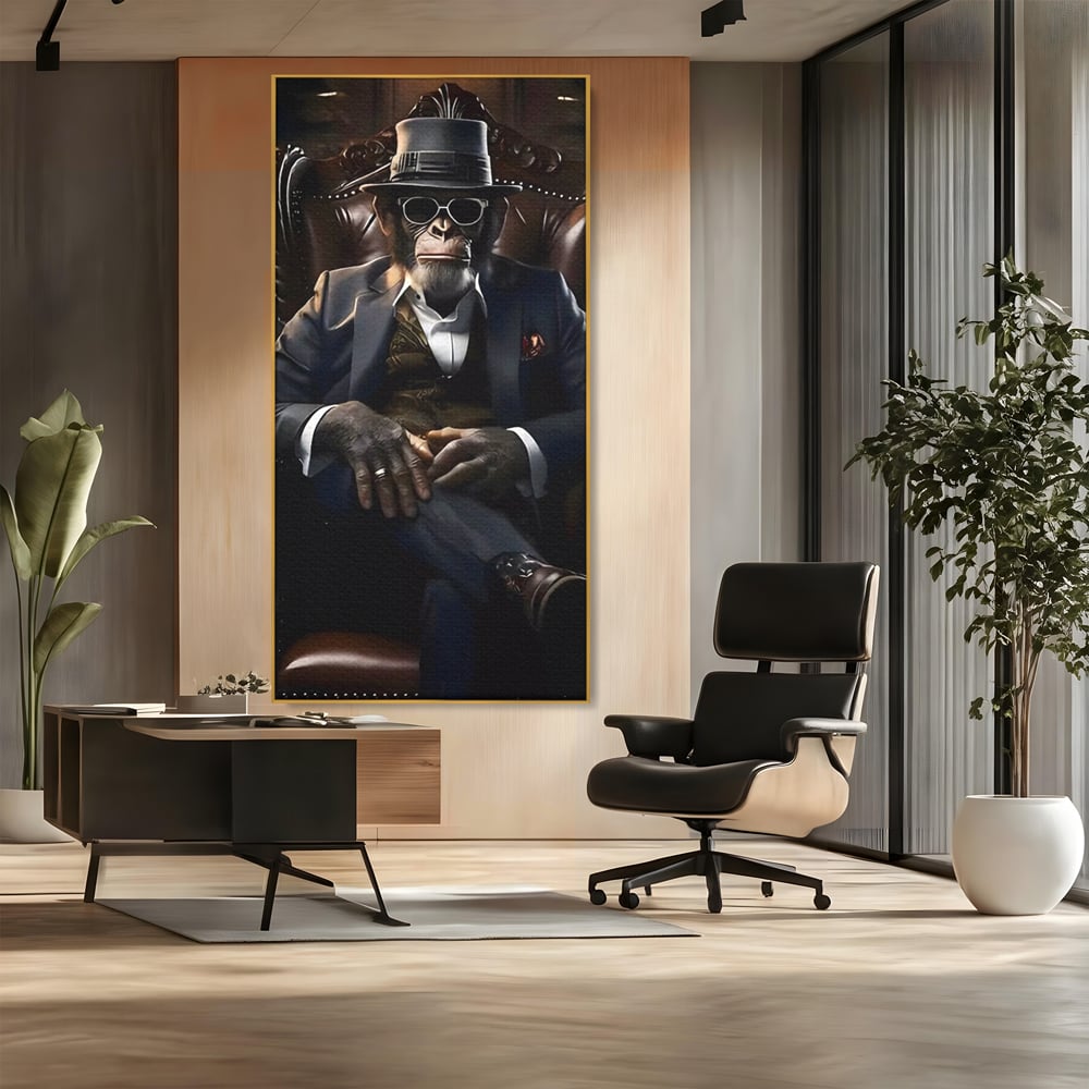Tablou canvas cu tablou canvas cu cimpanzeu mafiot, in rama de aluminiu auriu, pe perete intr-un birou