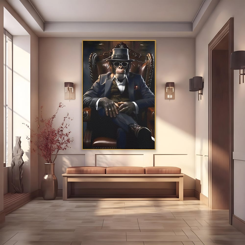Tablou canvas cu tablou canvas cu cimpanzeu mafiot, in rama de aluminiu auriu