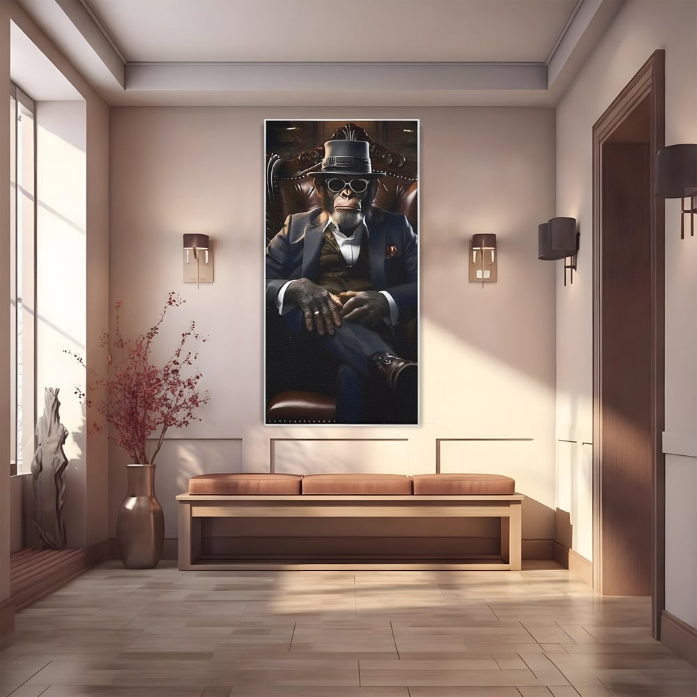 Tablou canvas cu tablou canvas cu cimpanzeu mafiot, in rama de aluminiu argintiu
