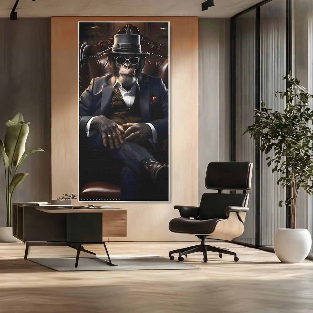 Tablou canvas cu tablou canvas cu cimpanzeu mafiot, in rama de aluminiu argintiu, pe perete intr-un birou