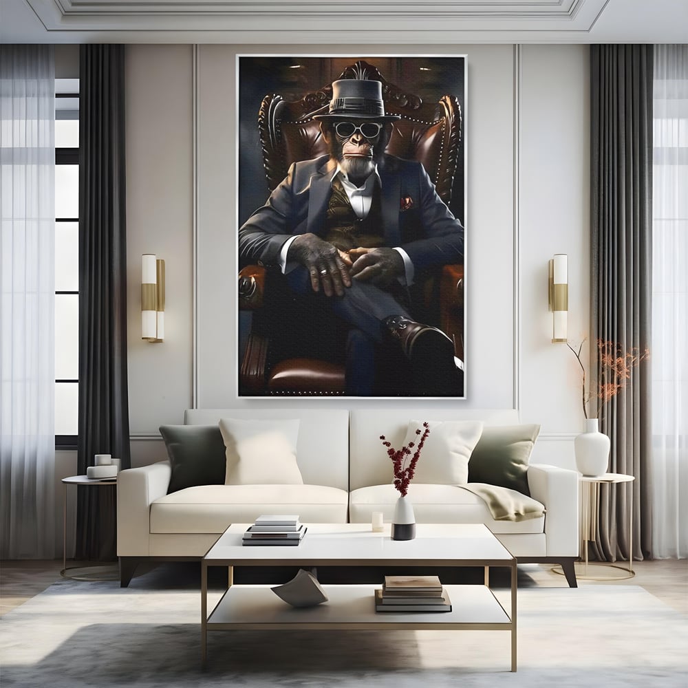 Tablou canvas cu tablou canvas cu cimpanzeu mafiot, in rama de aluminiu argintiu, pe perete intr-un living