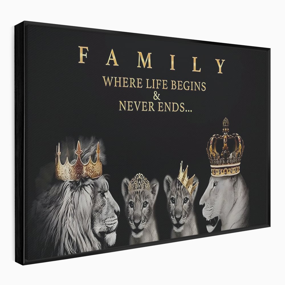 Tablou canvas cu tablou canvas cu familie de lei, in rama de aluminiu negru
