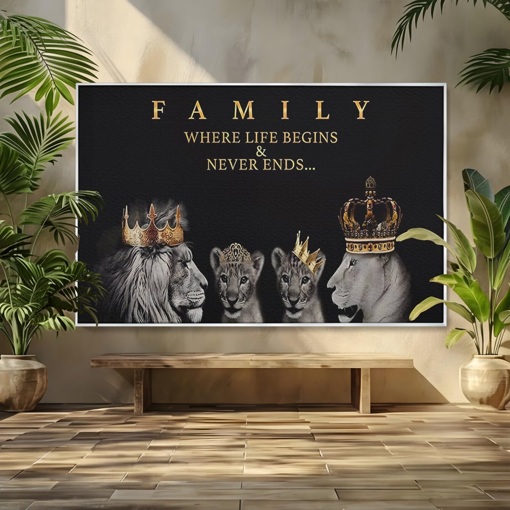 Tablou canvas cu tablou canvas cu familie de lei, in rama de aluminiu argintiu