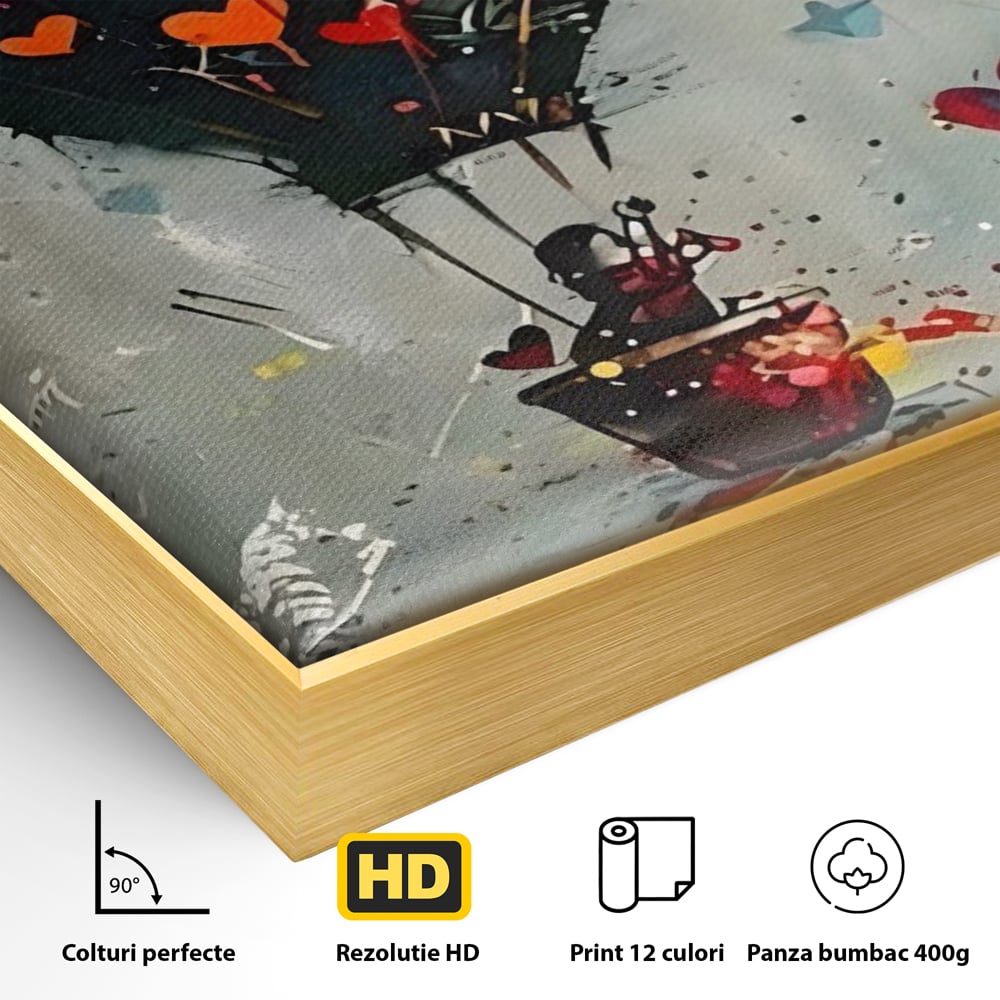 Detaliu al suprafetei: tablou canvas cu balon cu aer cald si inimi, in rama de aluminiu auriu