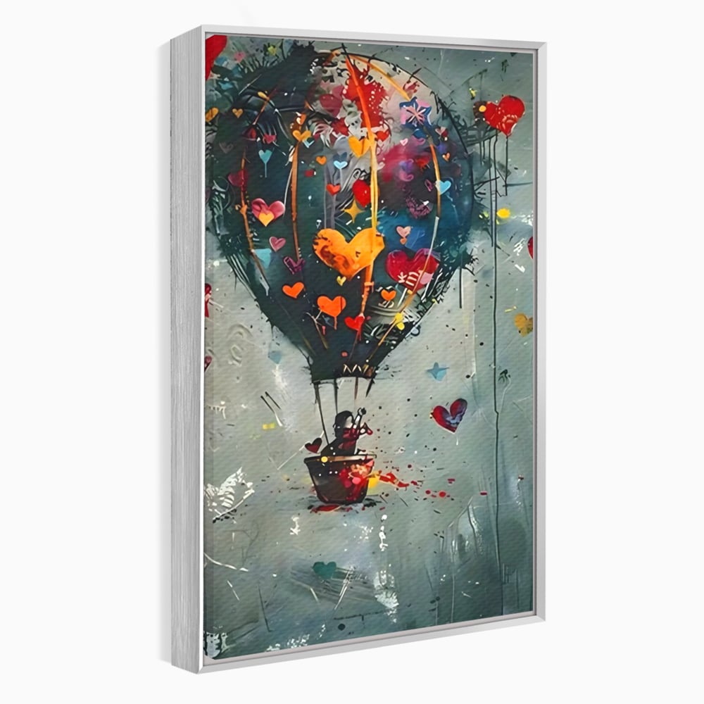 Tablou canvas cu tablou canvas cu balon cu aer cald si inimi, in rama de aluminiu argintiu