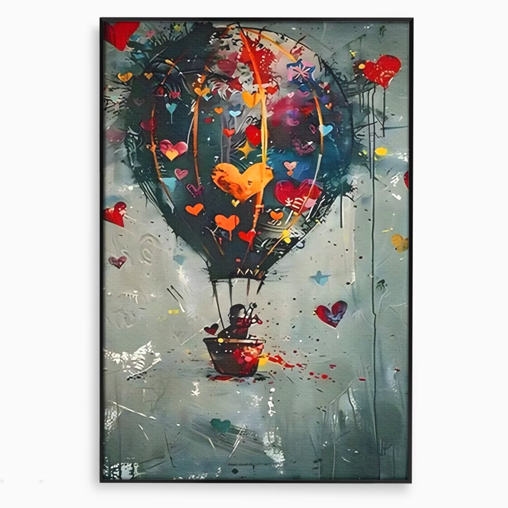 Tablou canvas cu tablou canvas cu balon cu aer cald si inimi, in rama de aluminiu negru
