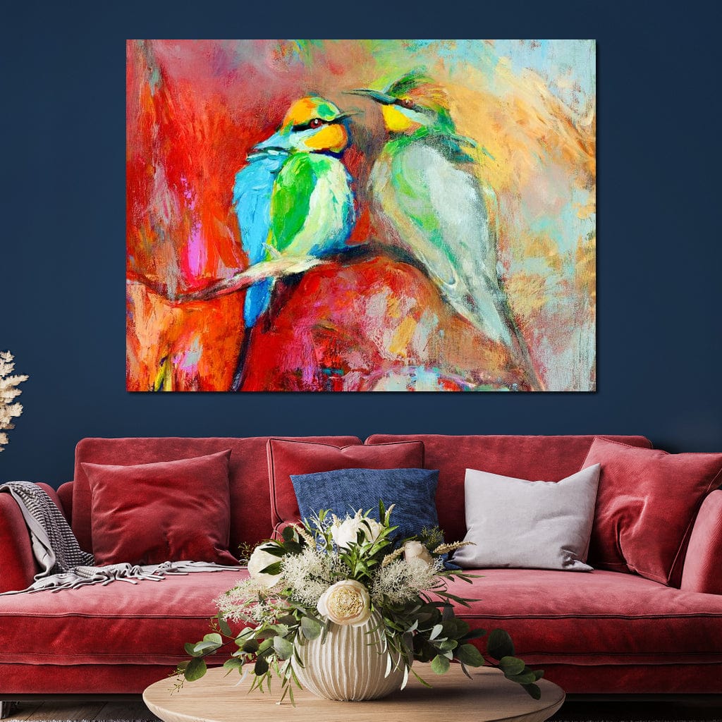 tablou canvas cu doua pasari colorate pe o creanga pe fundal stil pictura in acuarela