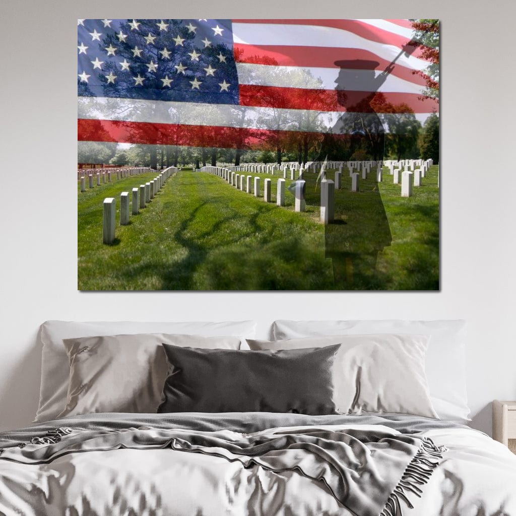 tablou canvas cu umbra unui soldat si steagul american intr-un cimitir militar