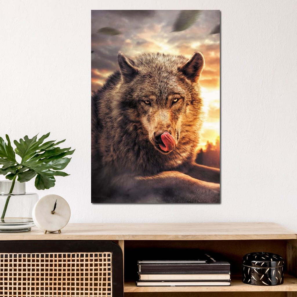 tablou canvas cu un lup in peisaj cu apus de soare