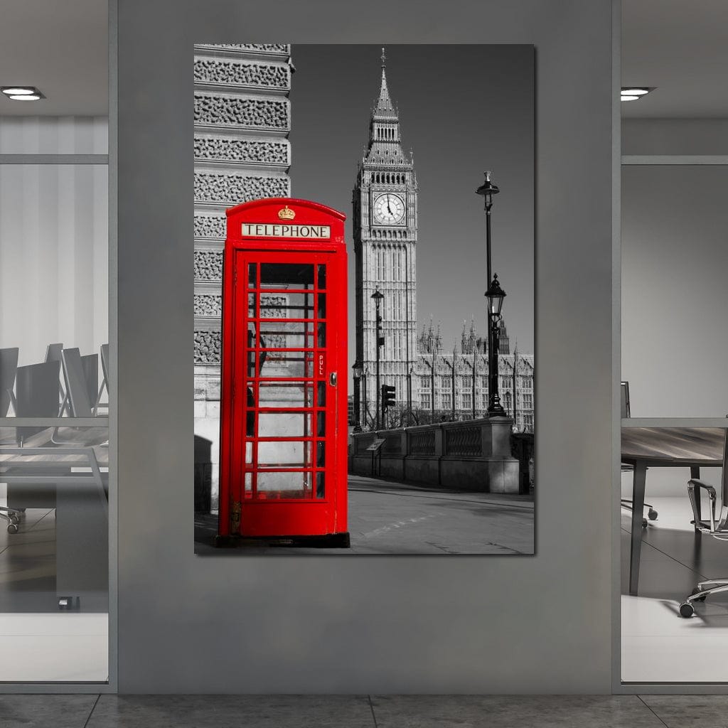 Tablou Canvas Premium, LuxCanva® O1038, Fereastra spre Londra, Britanic, Big Ben, Cabina Telefon, Londra, Capitala, Monarhie, Calatorie, Arhitectura, Traditie, Istorie, Rosu, Birou, Living, Dormitor