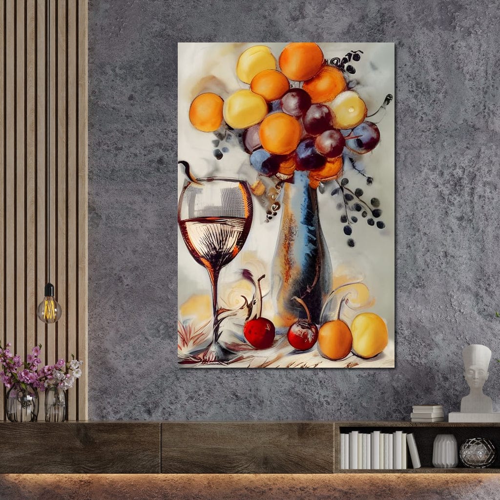 tablou canvas cu un pom fructifer si un pahar de vin, pictat in stil abstract pe fundal deschis