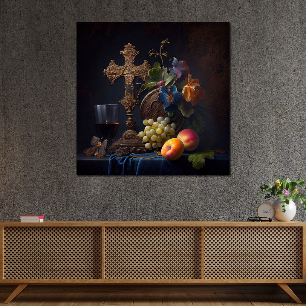 Tablou Canvas Premium LuxCanva® H1030 Natura Statica Sacra , Simboluri, Cruce, Rod, Pamant, Fructe, Vin, Sacru, Lumina, Umbra, Living, Dormitor