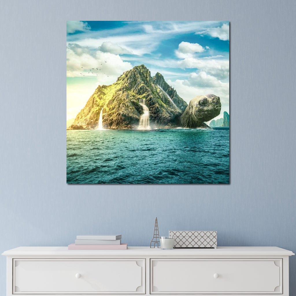 tablou canvas cu o insula sub forma unei testoase, langa un ocean sub cer senin cu un stol de pasari in zbor