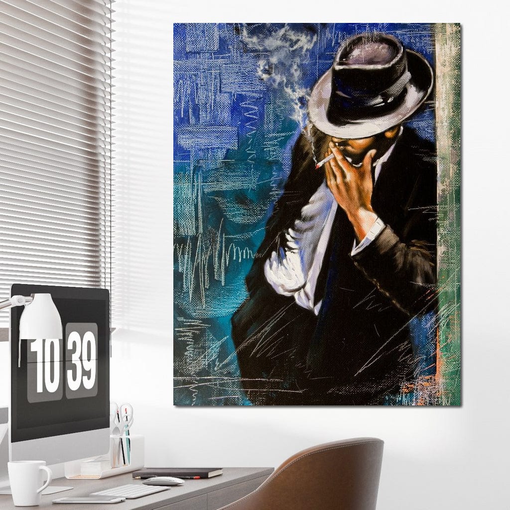 Tablou Canvas Premium LuxCanva® E1049, Barbatul din Umbra, Elegant, Masculinitate, Enigma, Tigara, Intriga, Living Room, Culori vibrante