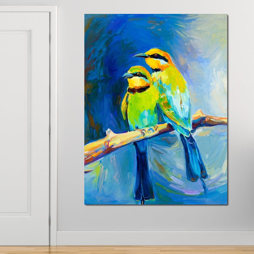 tablou canvas cu doua pasari exotice galben-verzui pe creanga, pe fundal albastru