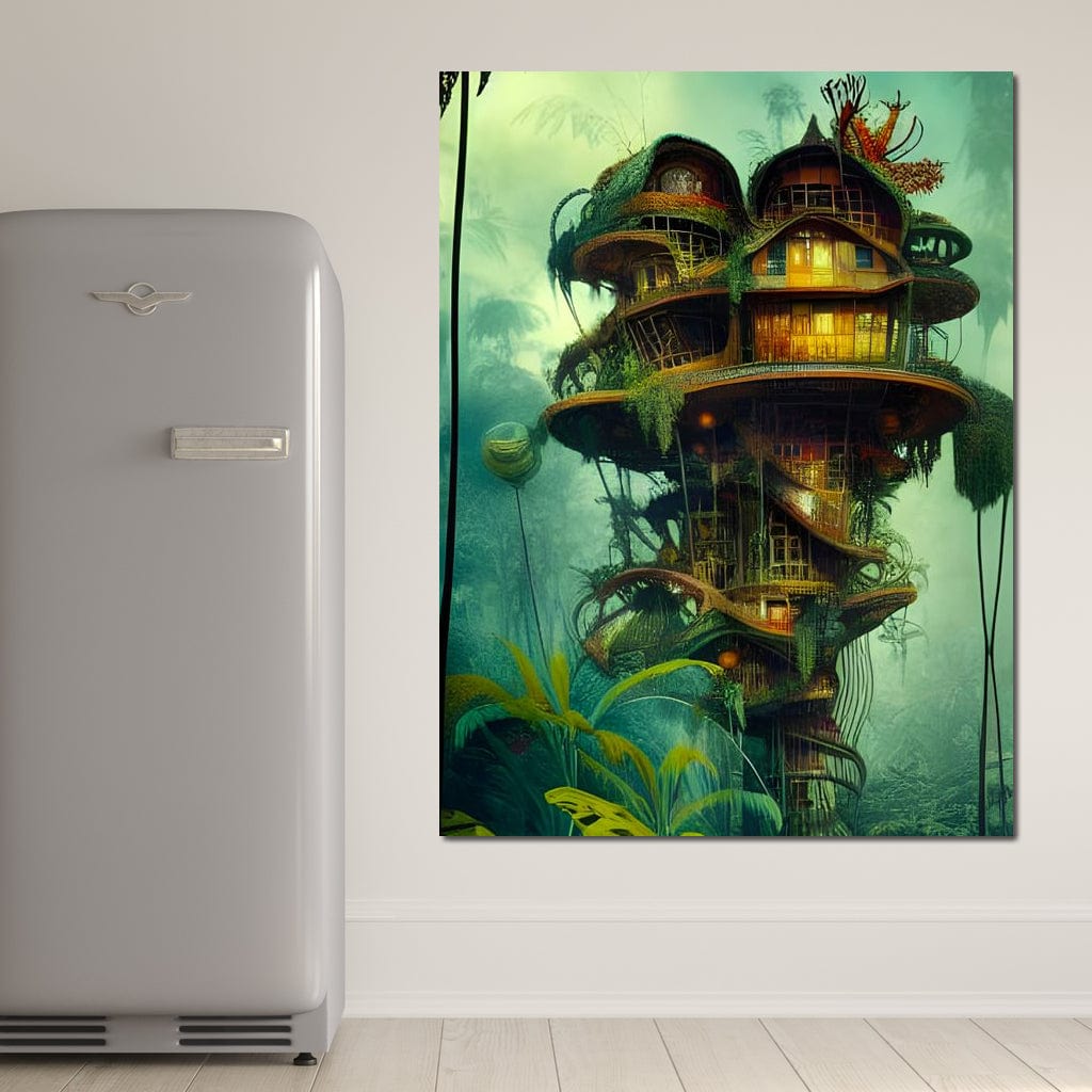 Tablou Canvas Premium, LuxCanva® K1015, Casuta din Copacul Vrajit, Turn, Padure, Fermecata, Aventura, Refugiu, Secrete, Spiridusi, Basm, Fantasma, Natura, Verde, Camera Copii