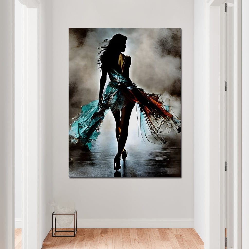 Tablou Canvas Premium, LuxCanva® G1205, Pasi peste Oglinda, Silueta, Pdium, Moda, Manechin, Oniric, Rochie, Voal, Fluiditate, Reflexii, Scenic, Pasi, Tocuri, Birou, Living, Dormitor