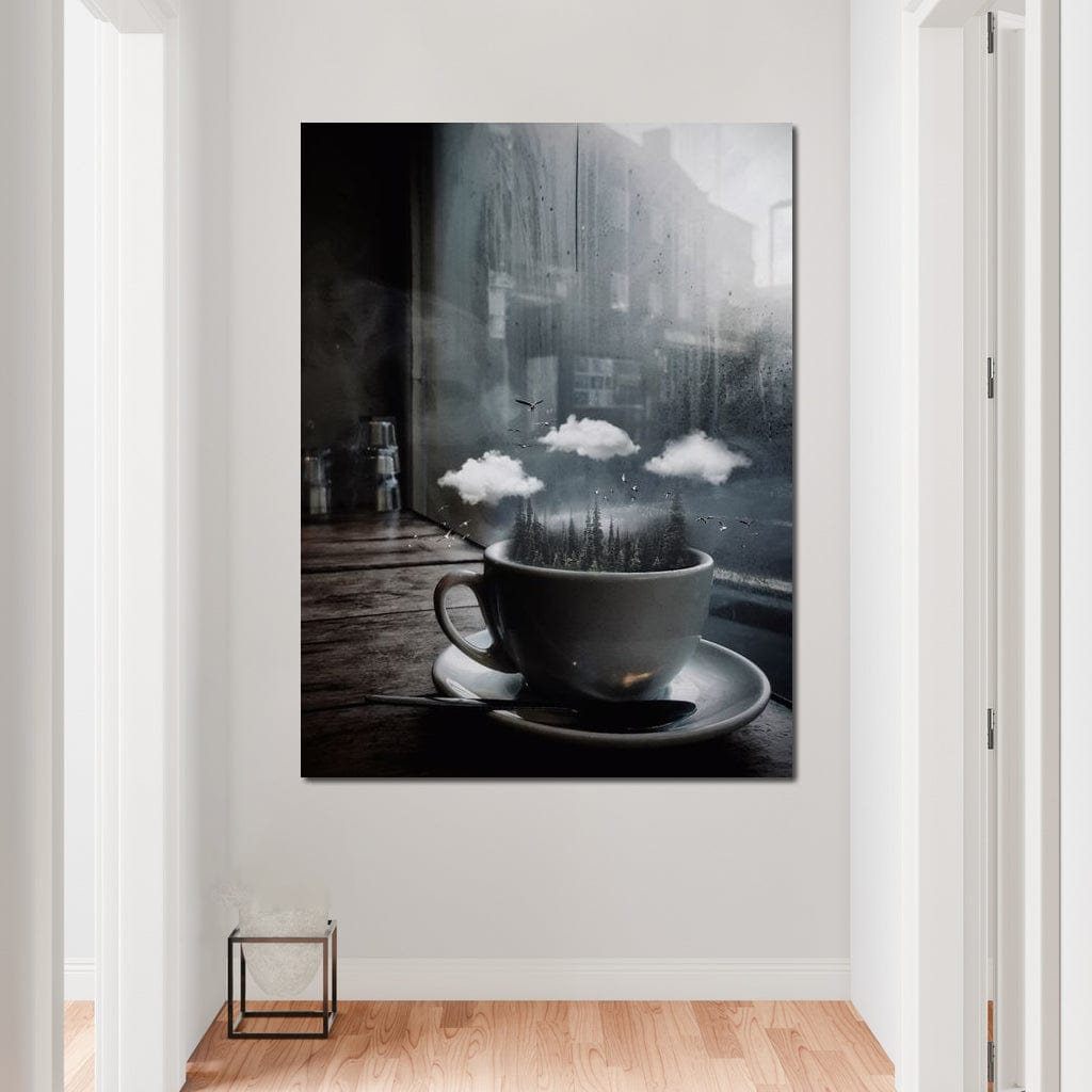 tablou canvas cu o ceasca cu copaci inalti, nori albi si pasari in zbor, la fereastra unei taverne 