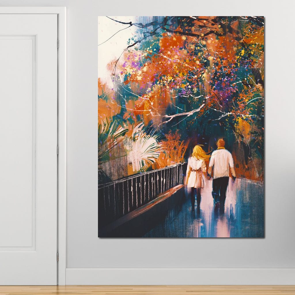 Tablou Canvas Premium LuxCanva® E1034, Tindandu-se de Mana in Parc, Toamna, Ruginiu, Natura, Parc, Cuplu, Living Room, Culori vibrante