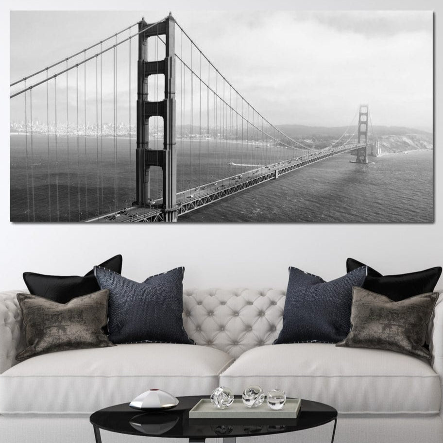 Tablou Canvas Premium, LuxCanva® O1037, Podul dintre Doua Lumi, Golden, Gate, San Francisco, Infinit, Monocrom, Pacific, Ocean, Inginerie, Suspendat, California, Forta, Birou, Living, Dormitor